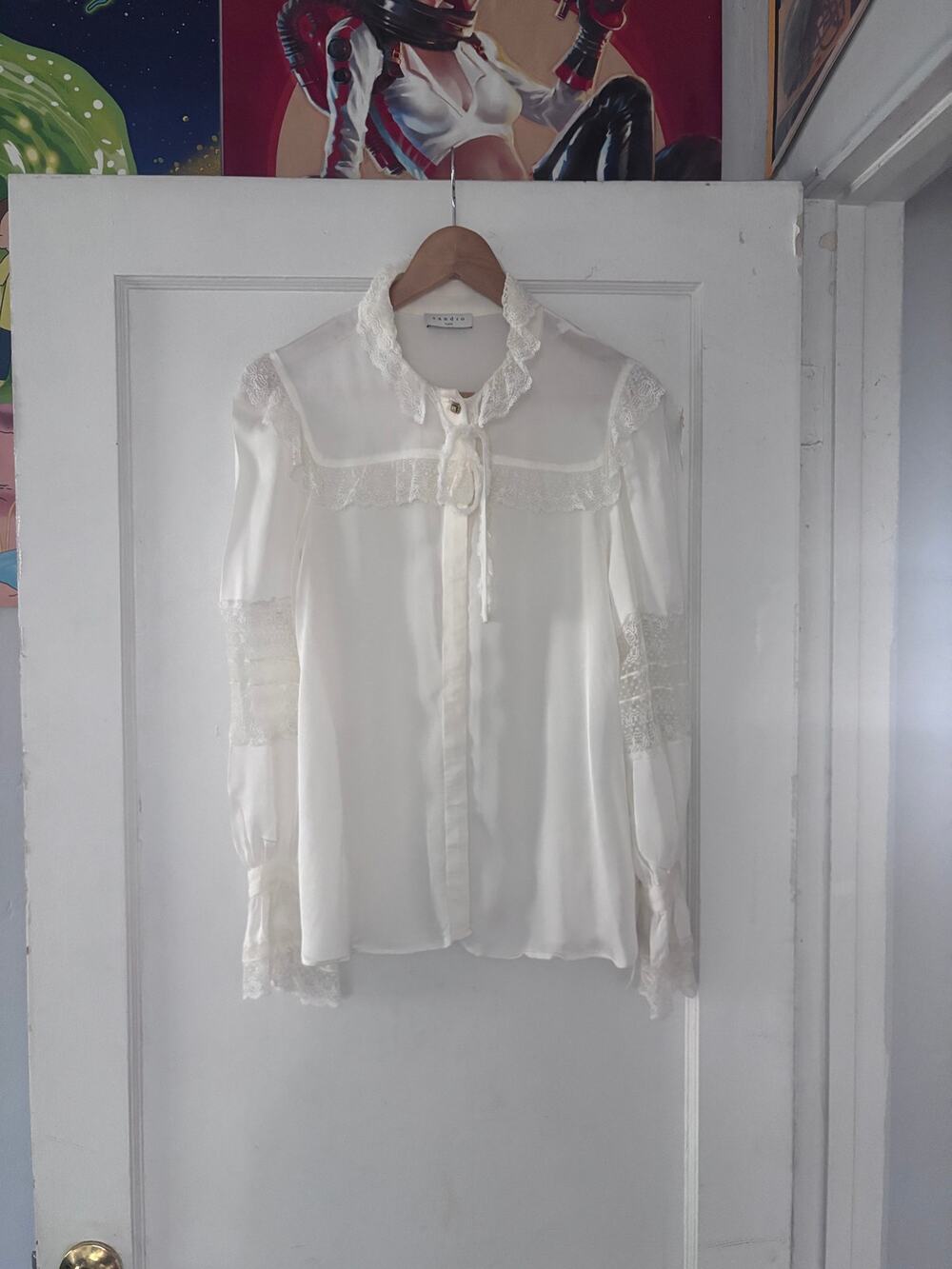 Pre-owned Sandro Paris White Lace Long sleeve blouse Size XS